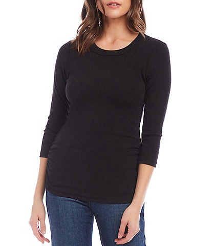 Karen Kane Solid Organic Cotton Crew Neck 3/4 Sleeve Side Shirred Fitted Tee Shirt