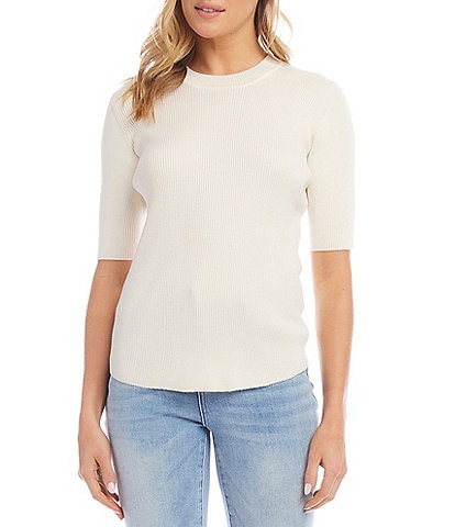 Karen Kane Solid Ribbed Knit Crew Neck Short Sleeve Fitted Sweater