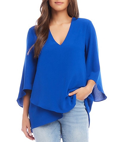 Karen Kane Solid Textured Crepe V-Neck Elbow Length Sleeves Asymmetric Crossover Blouse