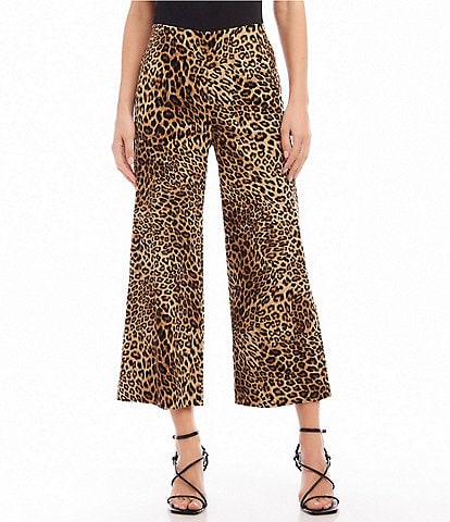 Karen Kane Stretch Corduroy Leopard Print Flat Front Wide Leg Cropped Pull-On Pants