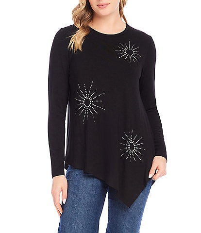 Karen Kane Stretch Embellished Asymmetrical Crew Neck Long Sleeve Top