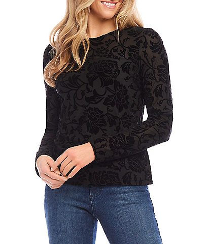 Karen Kane Stretch Knit Velvet Burnout Crew Neckline Long Sleeve Top