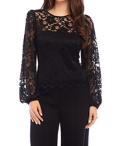 Karen Kane Stretch Lace Crew Neckline Long Blouson Sleeve Top