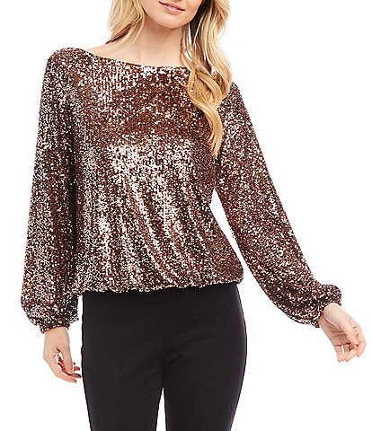 Karen Kane Stretch Sequin Boat Neckline Long Bishop Sleeve Top