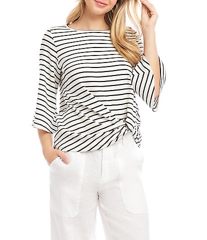 Karen Kane Stripe Crew Neck 3/4 Flare Sleeve Twist Front Top