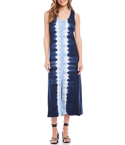 Karen Kane Tie Dye Print Jersey Knit Scoop Neck Sleeveless Front Slit Dress