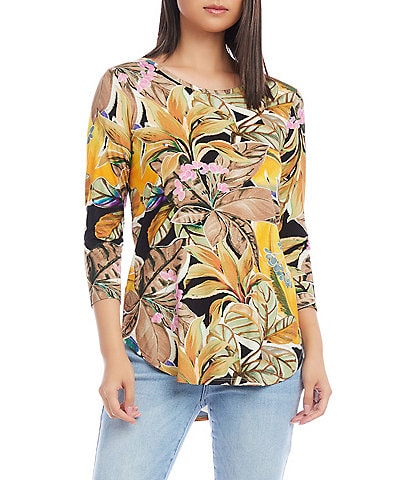 Karen Kane Tropical Floral Print Knit Scoop Neck 3/4 Sleeve Shirttail Hem Top