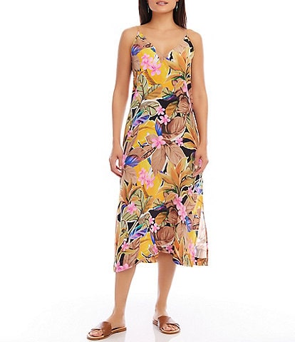 Karen Kane Tropical Floral Print V-Neck Sleeveless Side Slit Midi Dress