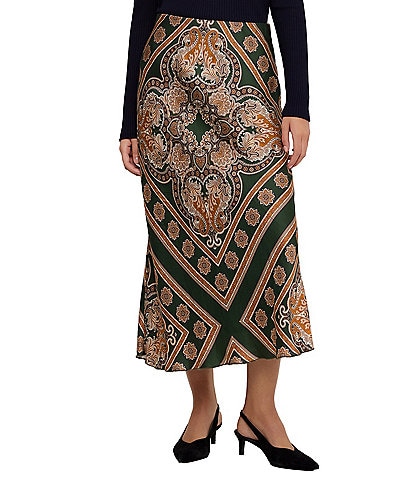 Karen Kane Twill Patchwork Print Bias Cut Midi Pull-On Coordinating Skirt
