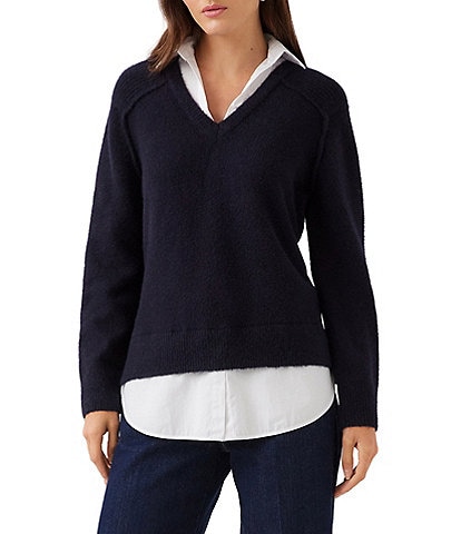 Karen Kane Twofer Layered Collared V-Neck Long Sleeve Sweater
