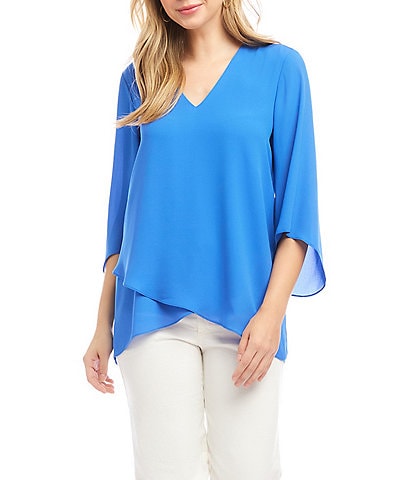 Karen Kane V-Neck 3/4 Flare Sleeve Asymmetric Crossover Hem Top
