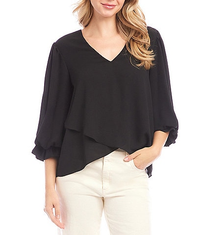 Karen Kane V-Neck 3/4 Lantern Sleeve Asymmetric Top
