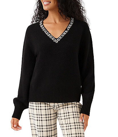 Karen Kane Wool Blend Shimmering Embellished V-Neck Long Sleeve Sweater