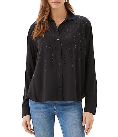 Karen Kane Woven Challis Point Collar Long Sleeve Front Gemstone Embellished Front Top