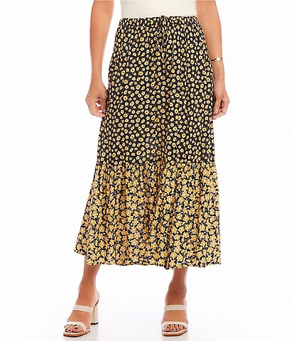 Karen Kane Woven Floral Print High Waisted Tiered A-Line Pull-On Midi Skirt
