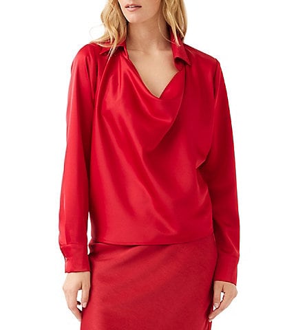 Karen Kane Woven Satin Collared Cowl Neck Long Sleeve Coordinating Top