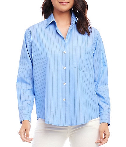 Karen Kane Woven Stripe Print Point collar Long Sleeve Button Front Shirt