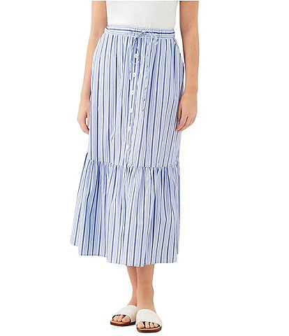 Karen Kane Woven Vertical Stripe Tiered Drawstring Front Button A-Line Midi Skirt