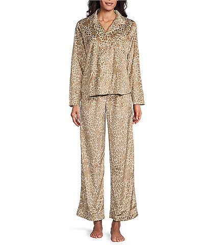 Karen Neuburger Animal Print Fleece Notch Collar Long Sleeve 3-Piece Pajama Set