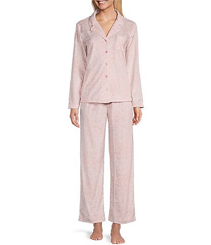 Karen Neuburger Brocade Print Fleece Notch Collar Long Sleeve 3-Piece Pajama Set