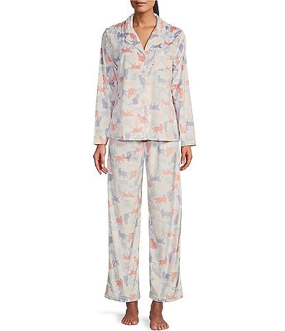 Karen Neuburger Cozy Cat Print Fleece Notch Collar Long Sleeve 3-Piece Pajama Set
