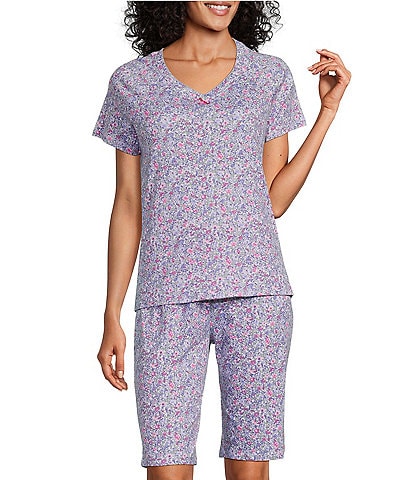 Karen Neuburger Ditsy Floral Print Interlock Knit Short Sleeve V-Neck Bermuda Short Pajama Set