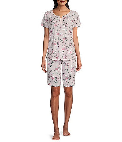 Karen Neuburger Flamingo Floral Print Short Sleeve Round Neck Knit Pajama Set