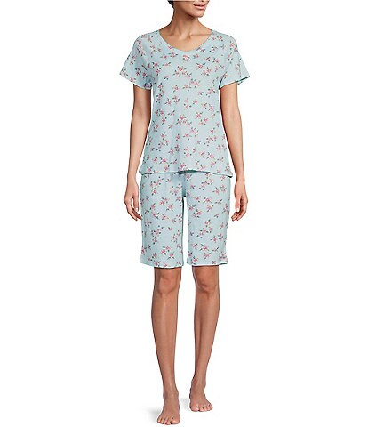 Karen Neuburger Hibiscus Floral Print Interlock Knit Short Sleeve V-Neck Bermuda Short Pajama Set
