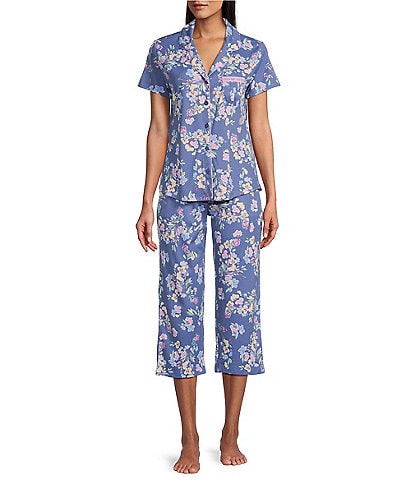 Karen Neuburger Interlock Knit Graphic Floral Short Sleeve Notch Collar Cropped Pajama Set