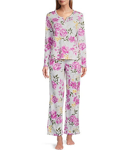 Karen Neuburger Long Sleeve Henley Floral Interlock Knit Pajama Set