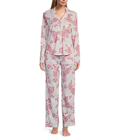 Karen Neuburger Long Sleeve Notch Collar Floral Toile Knit Girlfriend Pajama Set