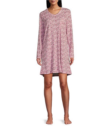 Karen Neuburger Long Sleeve V-Neck Ditsy Floral Knit Nightshirt