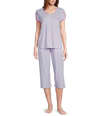 Karen Neuburger Short Sleeve Henley Diamond Petal Geo Print Knit Capri Pajama Set
