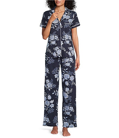 Karen Neuburger Short Sleeve Notch Collar Graphic Blooms Interlock Knit Pajama Set