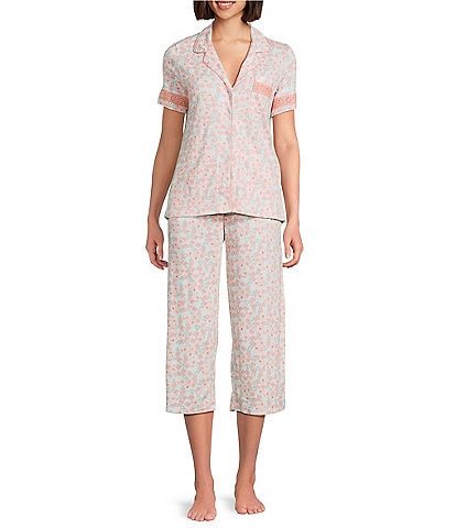 Karen Neuburger Short Sleeve Notch Collar Interlock Knit Floral Print Cropped Pajama Set