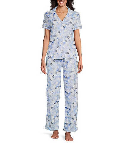 Karen Neuburger Short Sleeve Notch Collar Mosaic Interlock Knit Long Pant Pajama Set