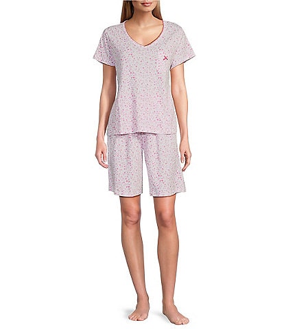 Karen Neuburger Short Sleeve V-Neck Brushed Interlock Knit Ditsy Floral Bermuda Short Pajama Set