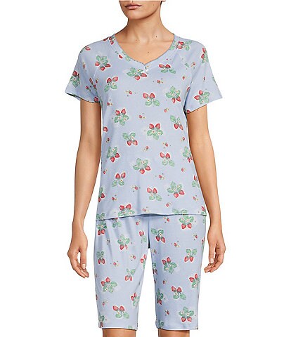 Karen Neuburger Strawberry Print Interlock Knit Short Sleeve V-Neck Bermuda Short Pajama Set