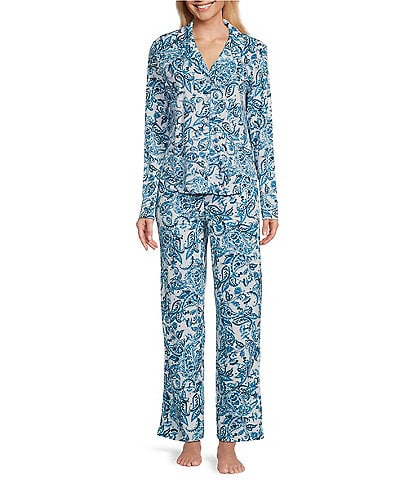 Karen Neuburger Watercolor Paisley Long Sleeve Notch Collar Interlock Knit Girlfriend Pajama Set