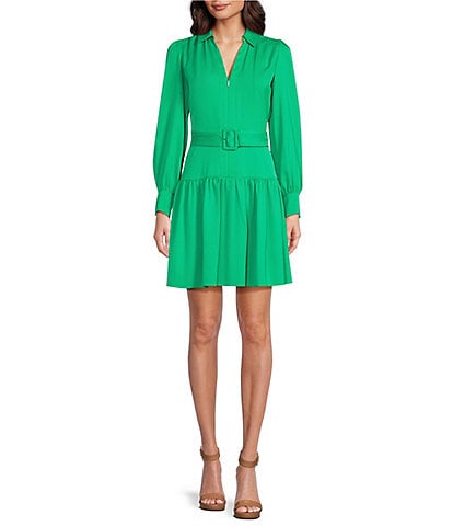 KARL LAGERFELD PARIS Belted Silky Crepe Collared Neck Long Sleeve Drop Waist A-Line Dress