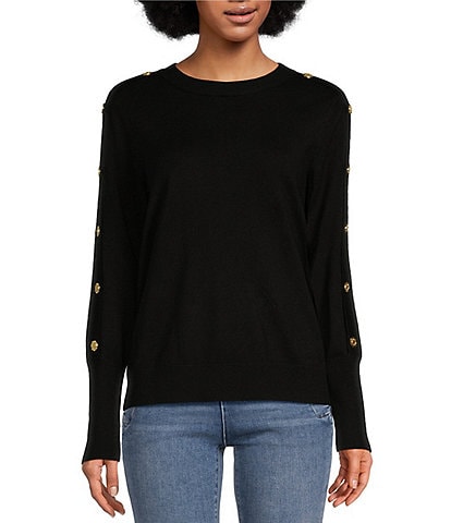 KARL LAGERFELD PARIS Button Shoulder Crew Neck Long Sleeve Sweater