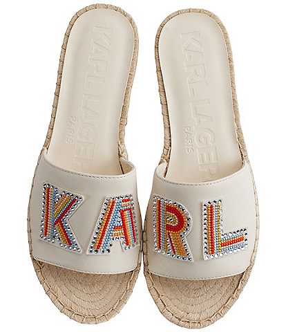 KARL LAGERFELD PARIS Caine Leather Beaded Logo Espadrille Slide Sandals