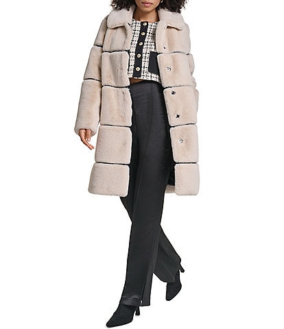 KARL LAGERFELD PARIS Channeled Faux Fur Horizontal Pattern Point Collar Longline Trench Coat