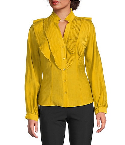 KARL LAGERFELD PARIS Chiffon Ruffle Collar Long Sleeve Button Down Blouse