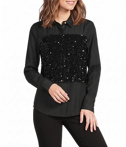 KARL LAGERFELD PARIS Chiffon Sequin Point Collar Button Front Blouse