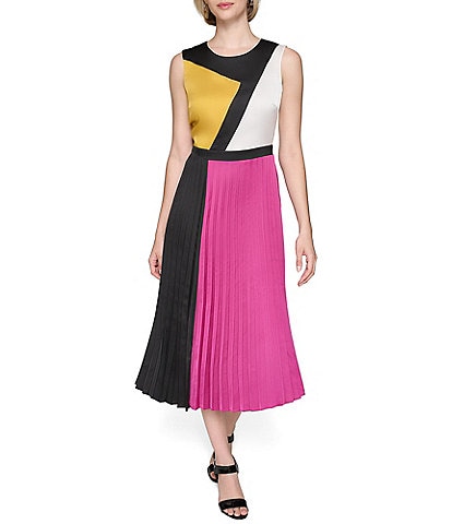 KARL LAGERFELD PARIS Color Block Satin Round Neck Sleeveless Pleated Midi Dress