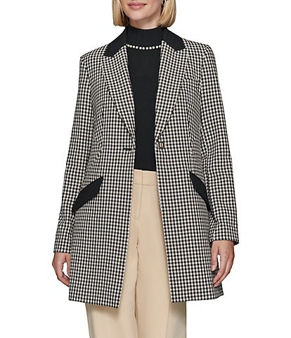 KARL LAGERFELD PARIS Notch Lapel Collar Long Sleeve Contrast Pocket Gingham Topper Jacket