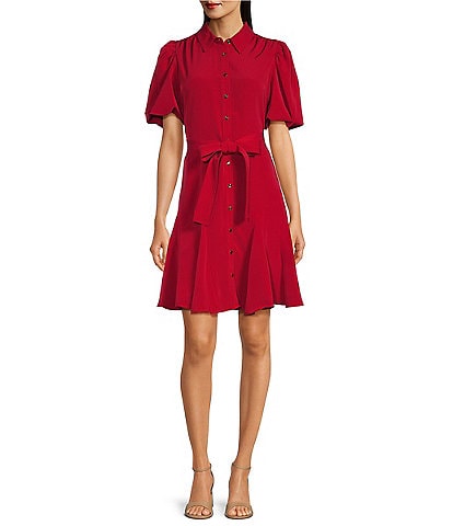 KARL LAGERFELD PARIS Contrast Stitch Collar Neckline Puff Short Sleeve Button Down Tie Waist Dress