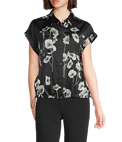 KARL LAGERFELD PARIS Coordinating Satin Crepe Floral Print Point Collar Sleeveless Shirt
