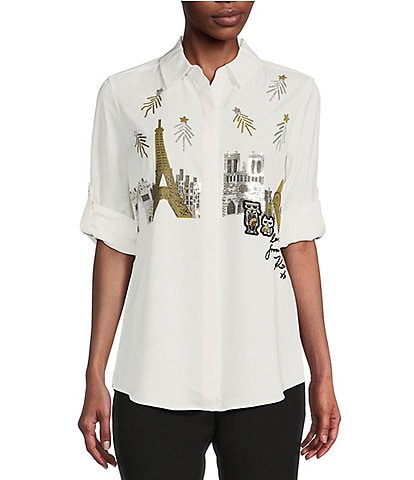 KARL LAGERFELD PARIS Crepe City Scene Collared Neck Long Sleeve Button Front Blouse